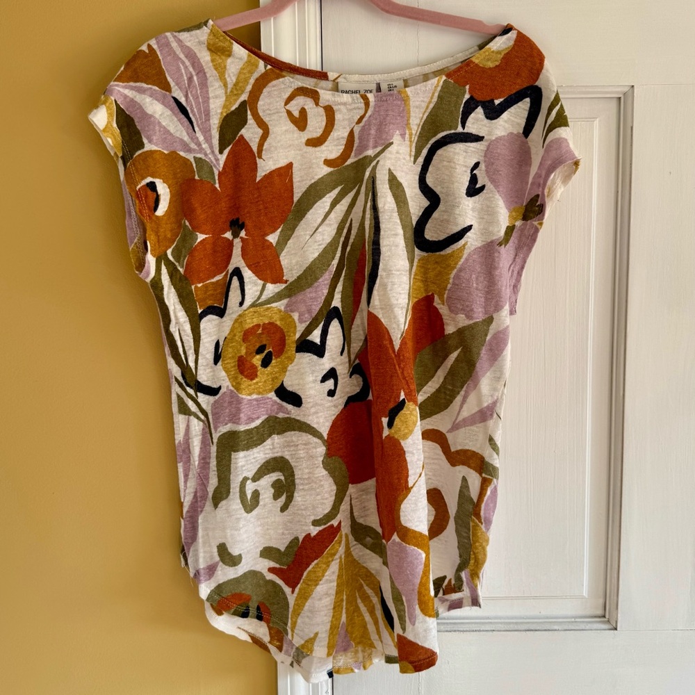 Rachel Zoe 100% Linen Floral Colorful Short Sleeve Top Large